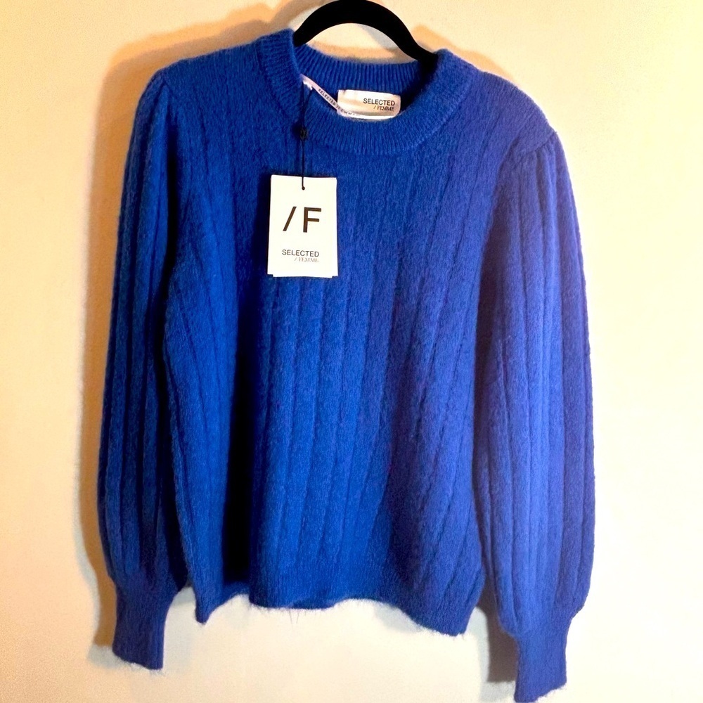 SELECTED FEMME Sz L Glowie Sweater Large Ribbing Crew Neck Wool Blend NEW - Picture 2 of 13